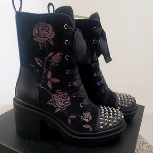 Blackcraft spiked toe high heel combat boots